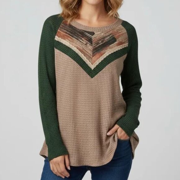 Ces Femme Sweaters - Ces Femme Women's Knit Green/Tan Color Block Long Sleeve Pullover Sweater Small